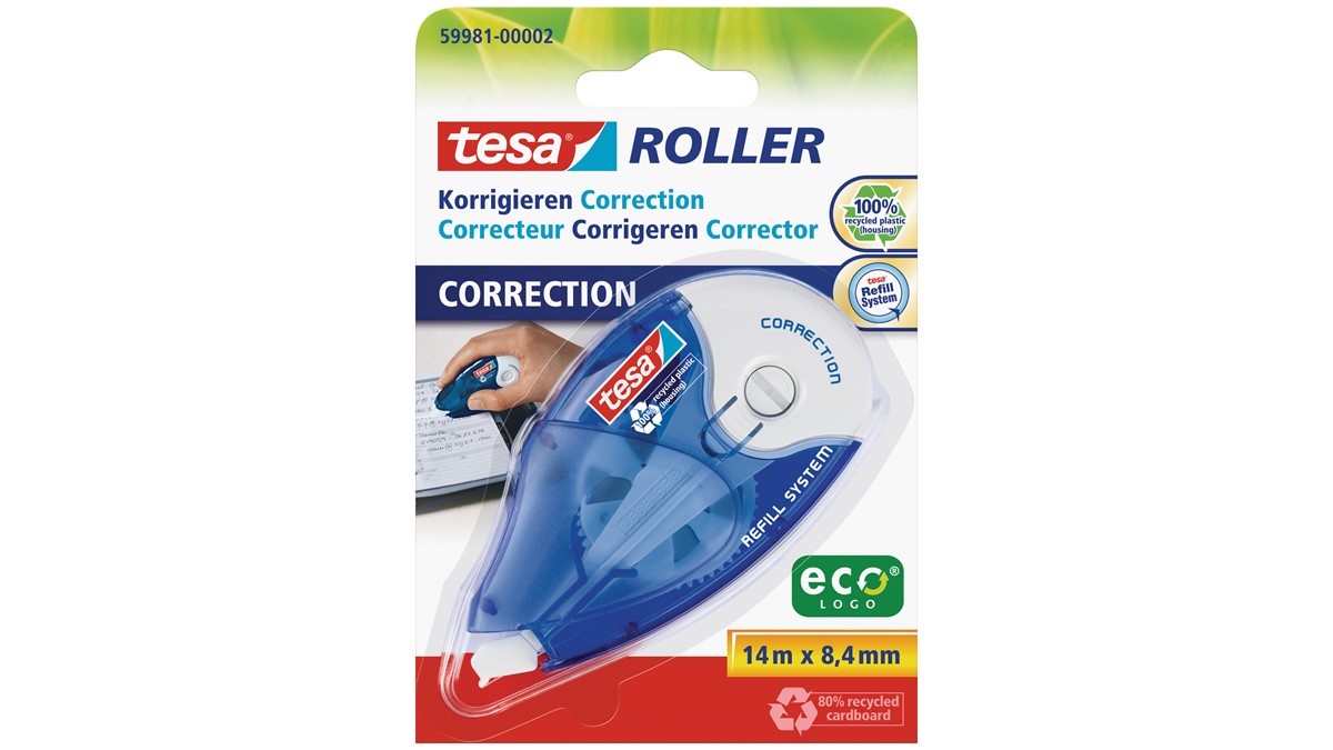 tesa 59981-00002 - Roller Korrigieren transparent/weiß Nachfüllroller, ecoLogo, blau