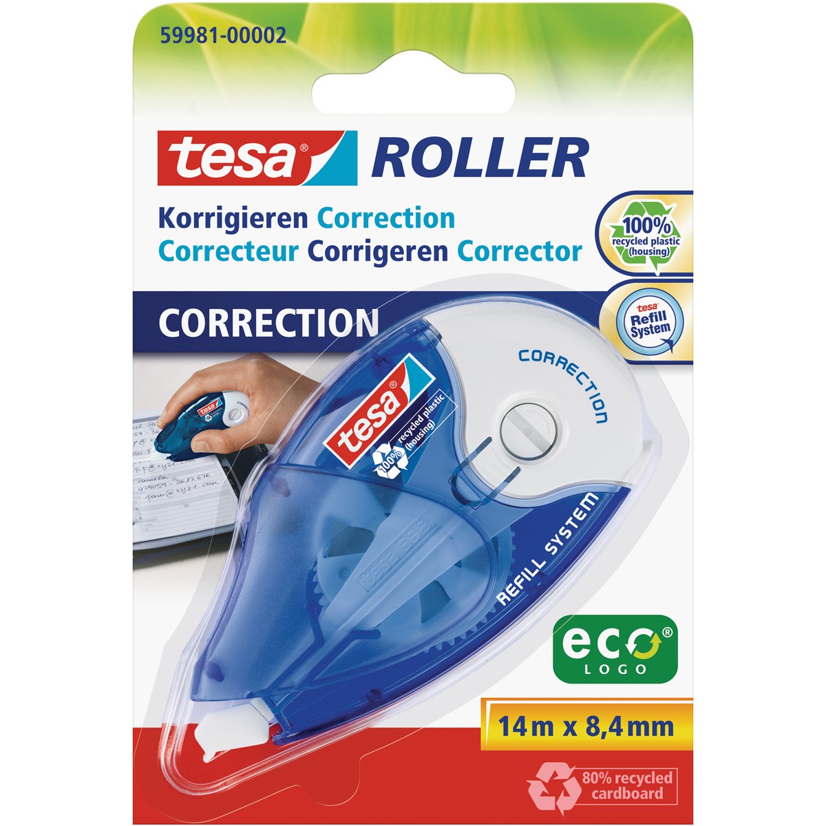tesa 59981-00002 blau Korrigieren ecoLogo, - Roller Nachfüllroller, transparent/weiß